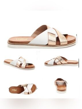 Diba True Flynn White & Rose Gold Leather Crisscross Slide Sandal 6.5